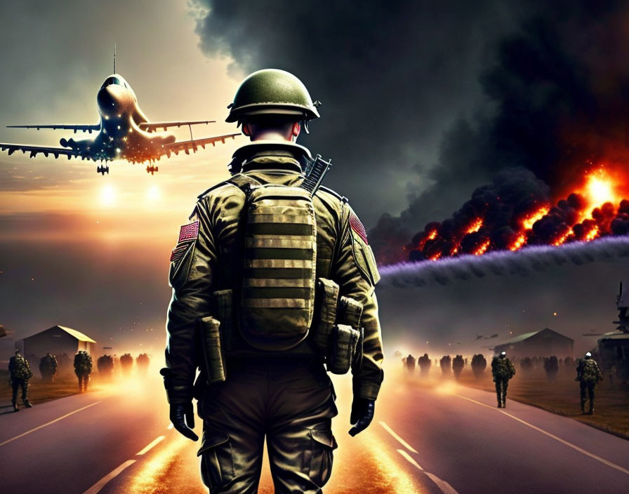 Soldier in uniform observes airplane landing on fiery battlefield