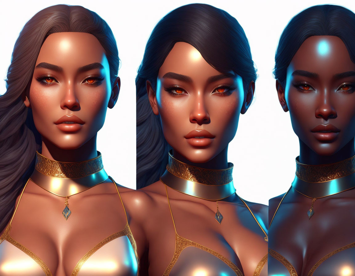 Digital female model with varying skin tones, sleek hairstyles, and golden accessories