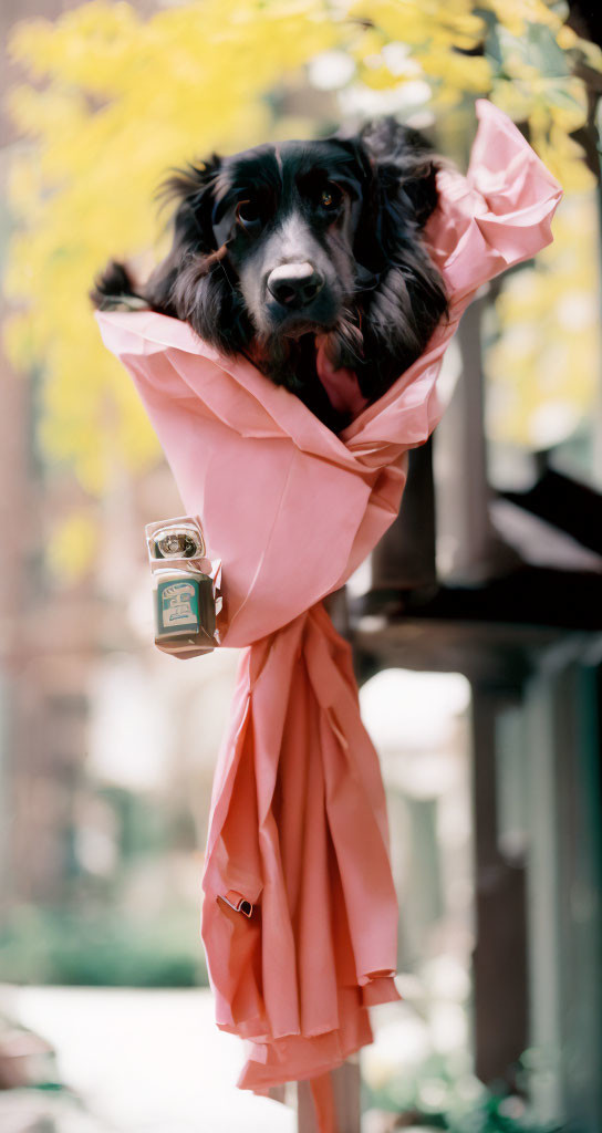 Black Dog Wrapped in Pink Flower Paper Holding Jar with Paw