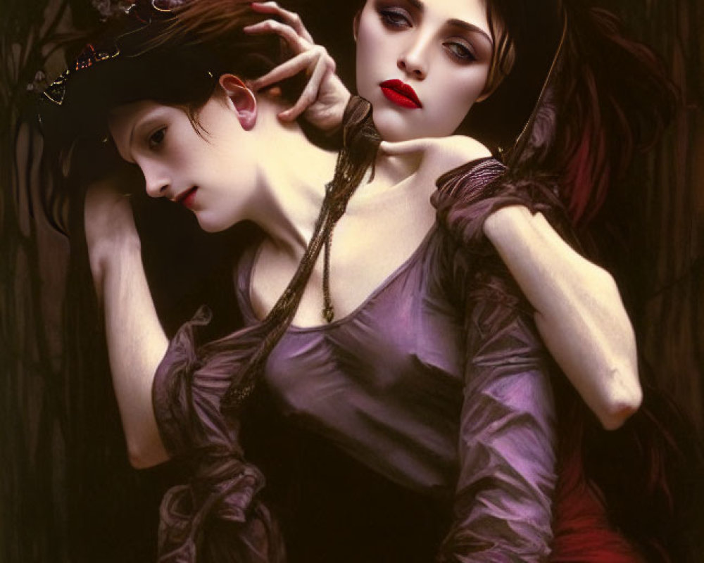 Two women in gothic attire with dark makeup in ethereal pose against nature backdrop