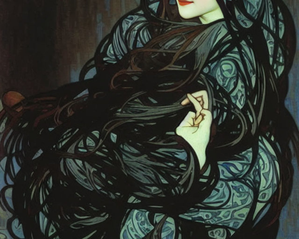 Stylized portrait of woman with dark hair and blue-green patterns