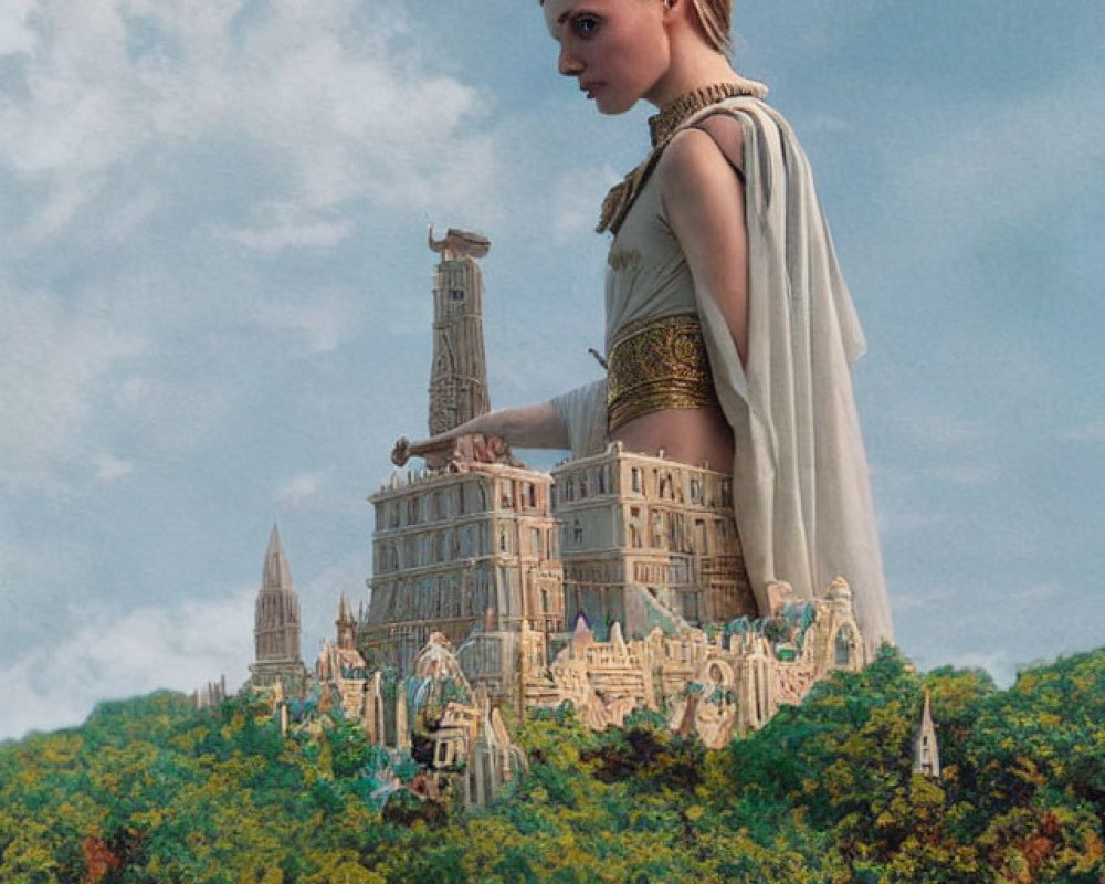 Woman styled as ancient goddess in lush forest with towering cityscape.