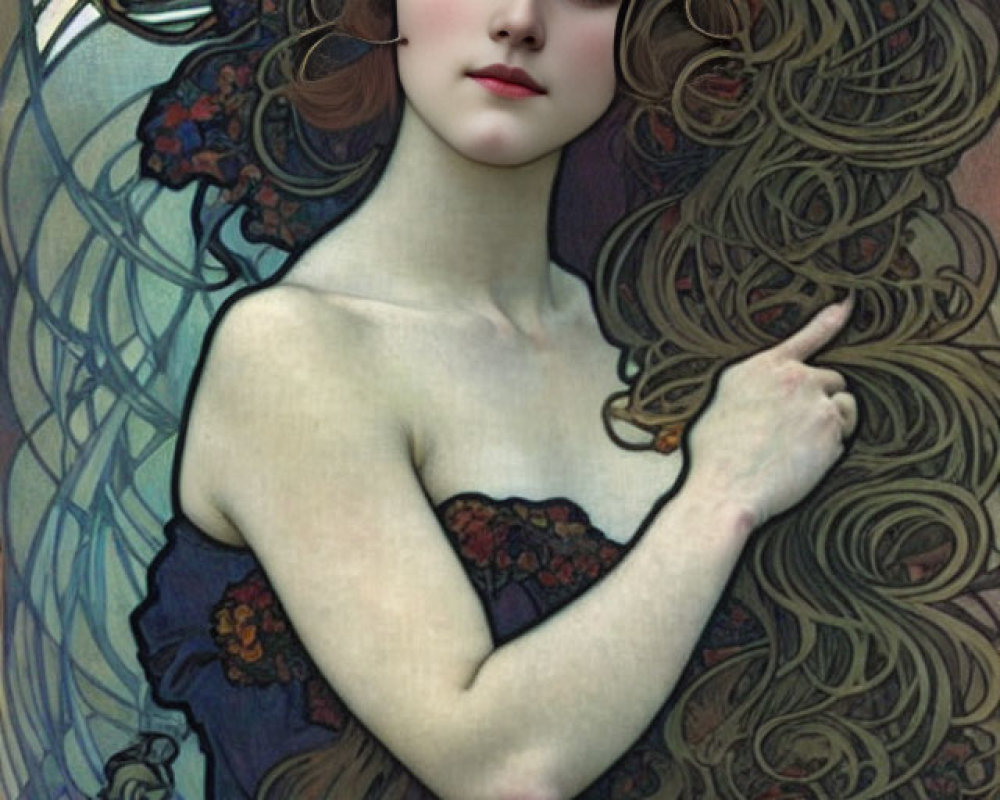 Art Nouveau Woman Portrait with Flowing Hair and Floral Dress