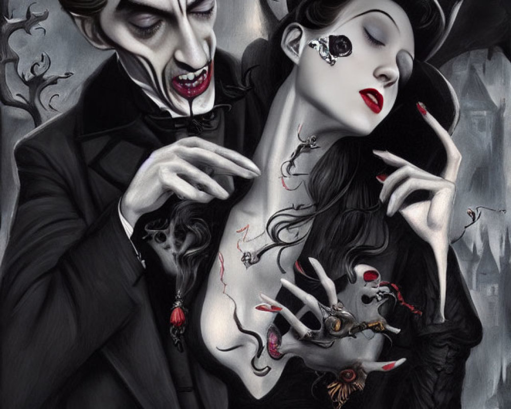 Gothic vampire and elegant woman in dark setting