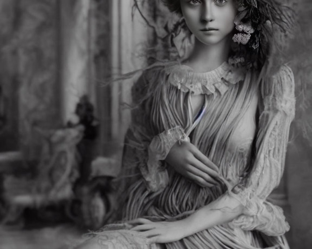 Monochrome portrait of woman in floral crown and vintage dress against ornate backdrop