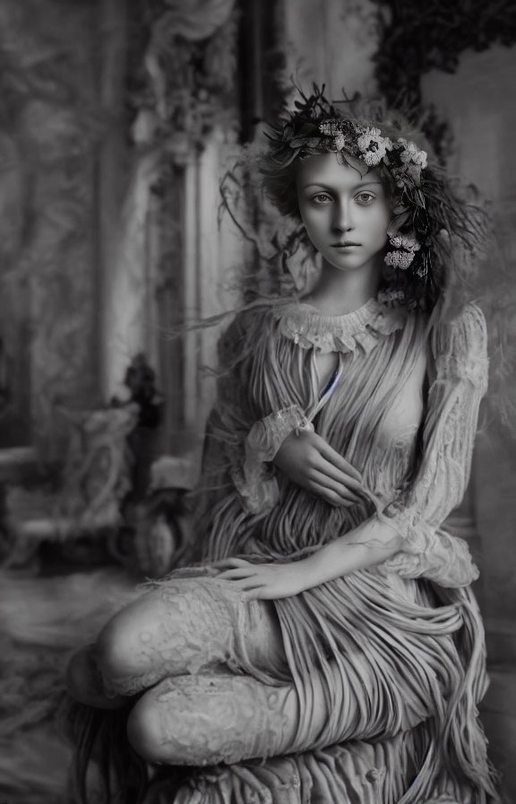 Monochrome portrait of woman in floral crown and vintage dress against ornate backdrop