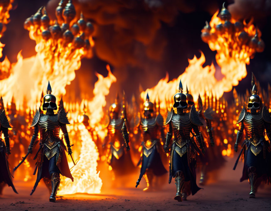 Armored warriors with helmets march amid explosive fireballs and flames