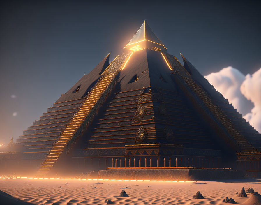 Golden sunset illuminates majestic pyramid in desert landscape