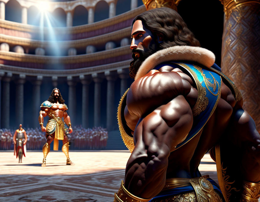 Muscular animated warriors in traditional armor in arena setting.