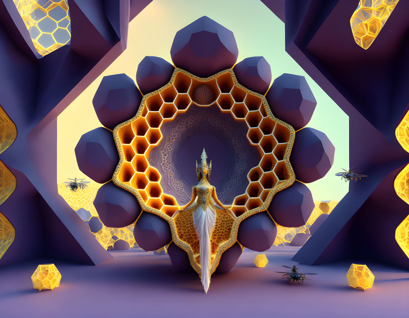 Surreal bee-themed digital artwork with hexagonal gateway and honeycomb structures