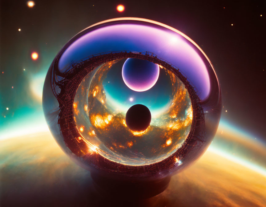 Glassy ringed structure surrounds black sphere in surreal space scene