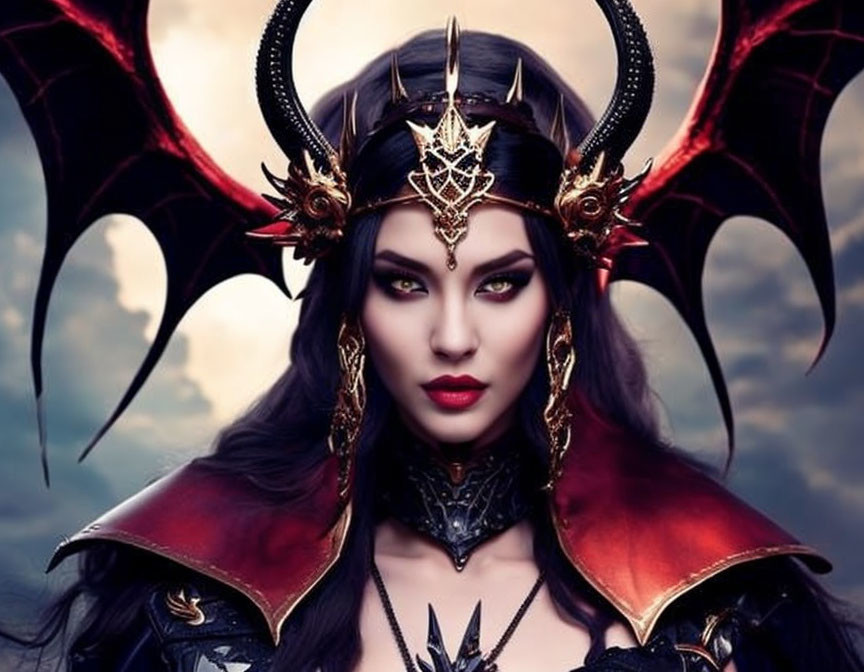 Woman in dramatic fantasy makeup and elaborate horned headdress in dark and red armor costume under cloudy sky