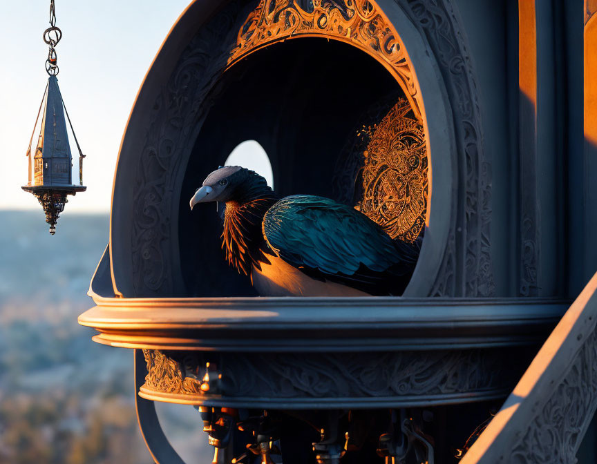 Pigeon perched in ornate circular structure at sunset with lantern and warm light