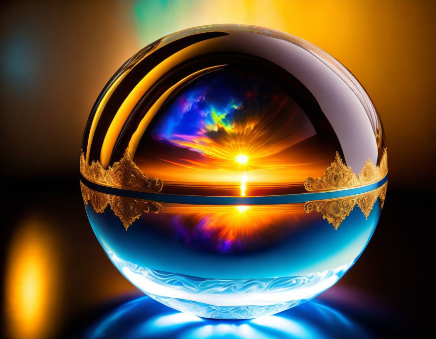 Glossy Sphere with Gold Accents Reflecting Colorful Nebula