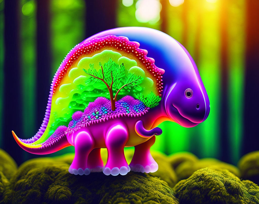 Vibrant dinosaur illustration with neon rainbow body in forest