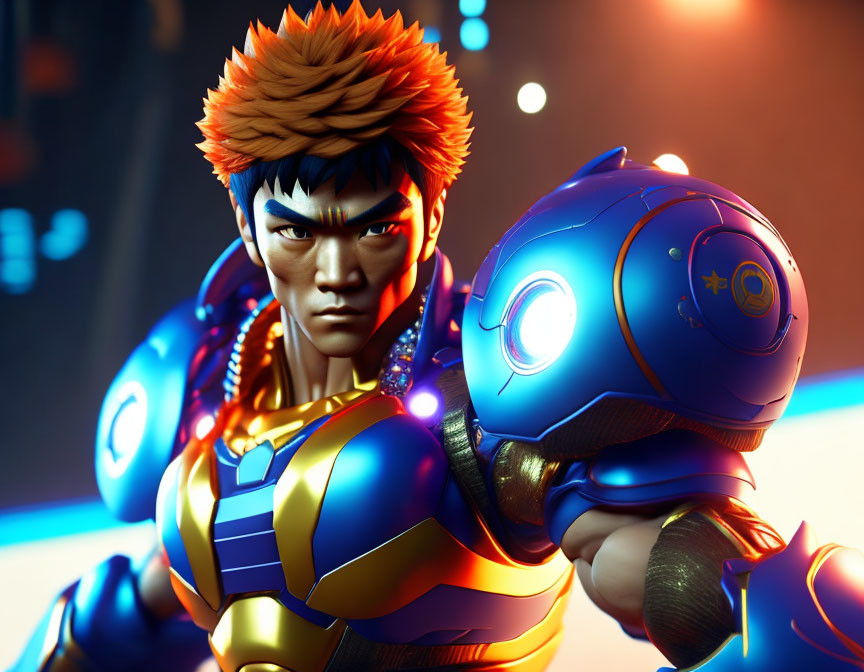 Male character with spiky orange hair in futuristic blue and gold armor holding energy sphere