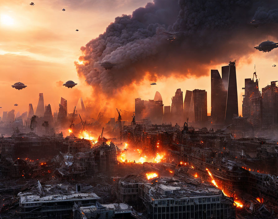 Dystopian cityscape under attack with burning buildings and alien spacecrafts.