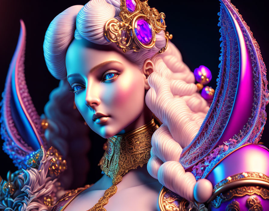 Colorful 3D illustration of woman with baroque-style hair and jewels on dark backdrop