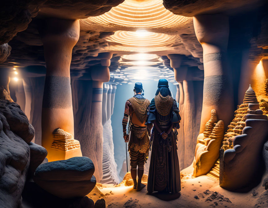 Traditional Attire Couple at Sandstone Cave Entrance Viewing Rock Formations