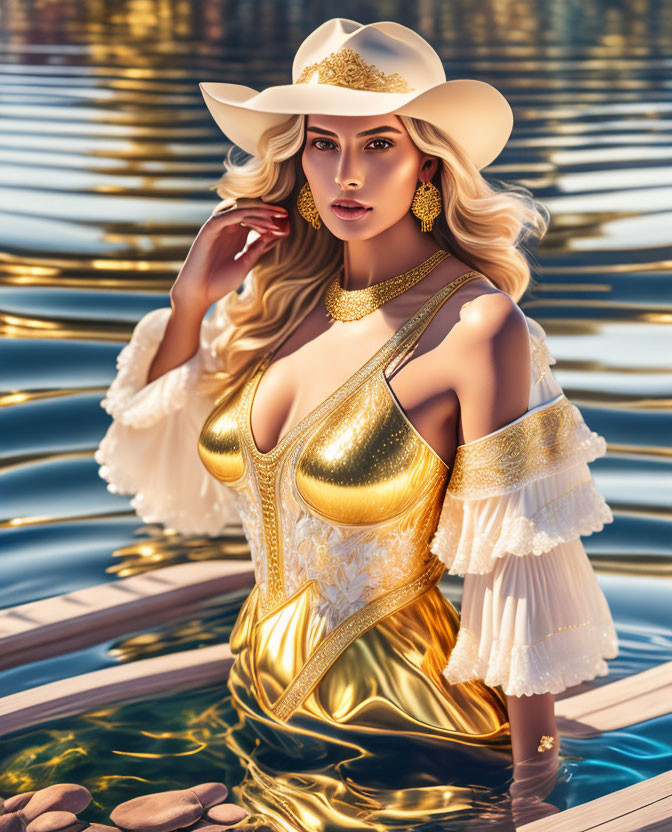 Golden dress and white hat woman posing on boat with water ripples