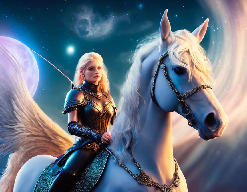 Woman in medieval armor on white unicorn under celestial sky