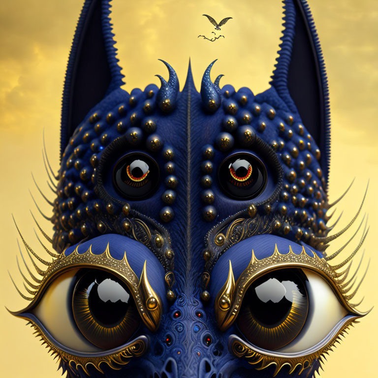 Surreal blue creature with multiple eyes and ornate patterns on golden background