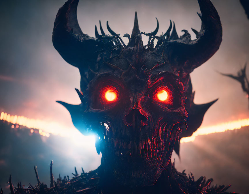 Sinister demonic figure with glowing red eyes and horns in dark ambiance