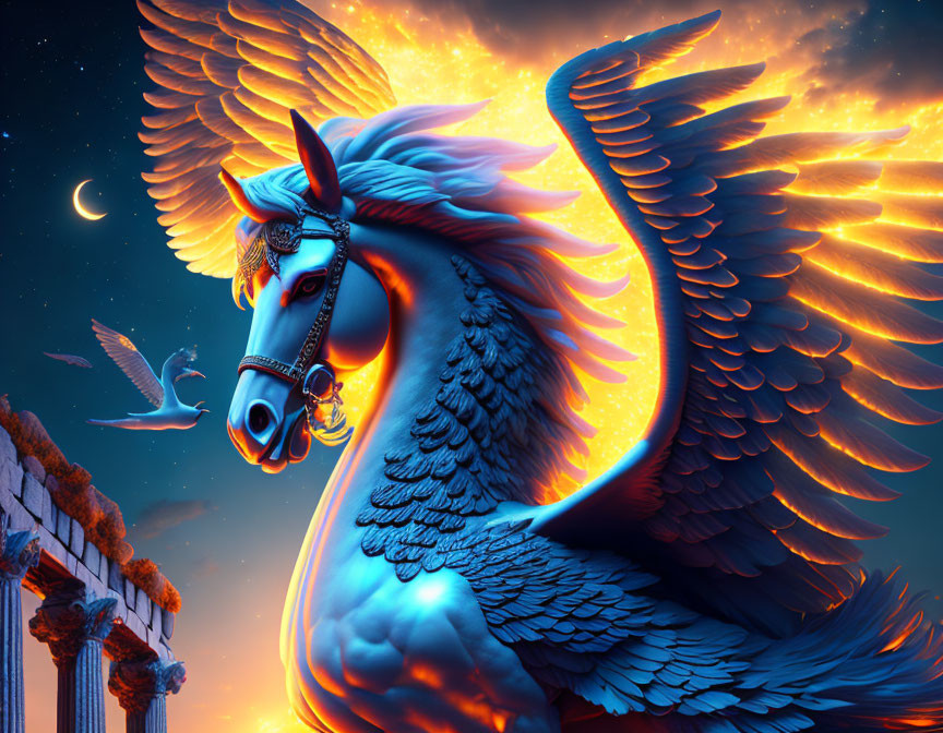 Majestic winged horse with glowing blue feathers and mane under a crescent moon