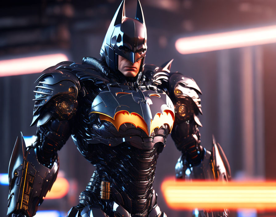 Futuristic Batman digital artwork with glowing bat symbol