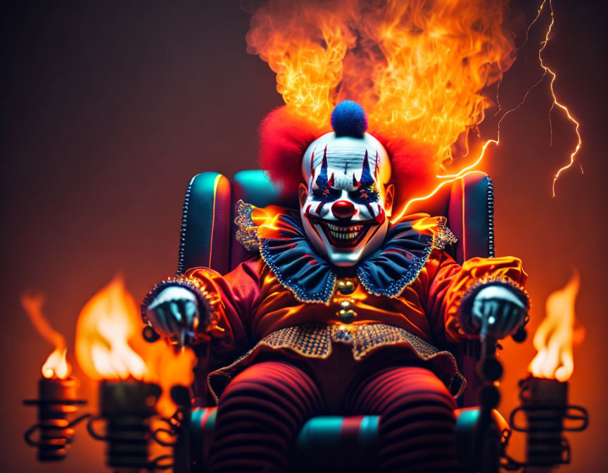 Sinister clown with face paint on fiery throne surrounded by electric sparks