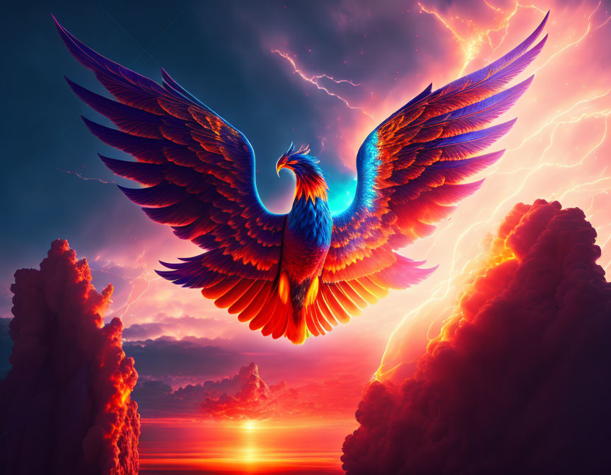 Colorful Phoenix Flying in Sunset Sky with Lightning Bolts