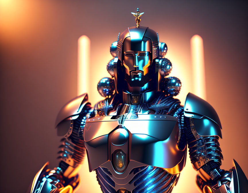 Futuristic metallic robot with glowing elements and intricate armor on warm backdrop