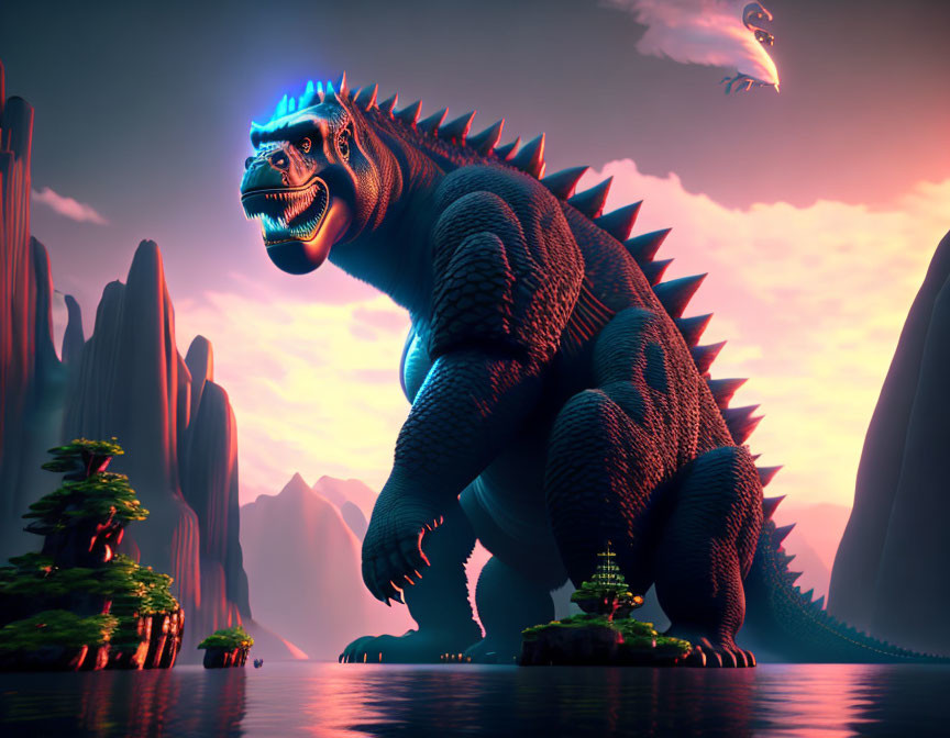 Enormous dinosaur-like creature with glowing blue eyes in surreal landscape