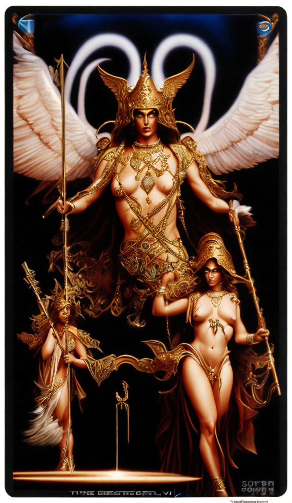 Fantasy illustration of two winged female figures with sword and staff in elaborate armor against dark background