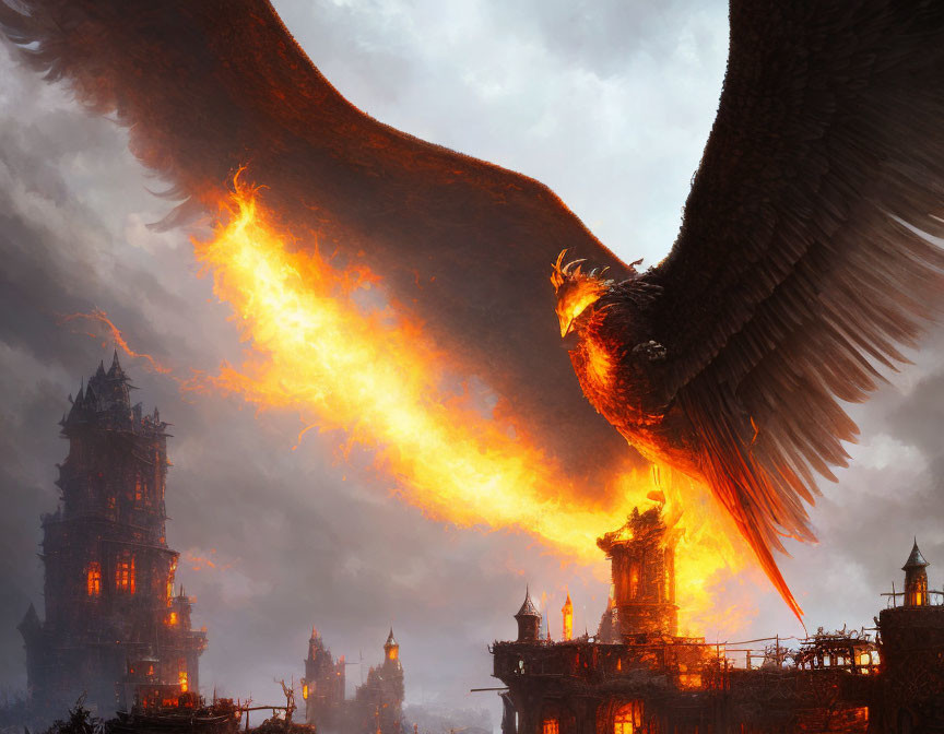 Dragon breathing fire near castle in smoky atmosphere with spread wings