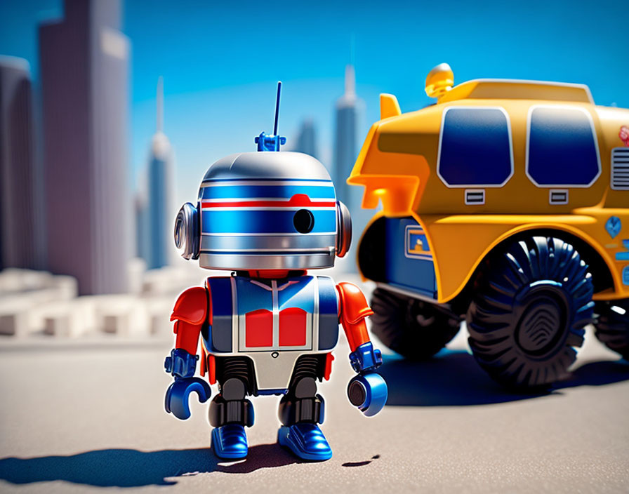 Red and blue robot and futuristic yellow vehicle in cityscape.