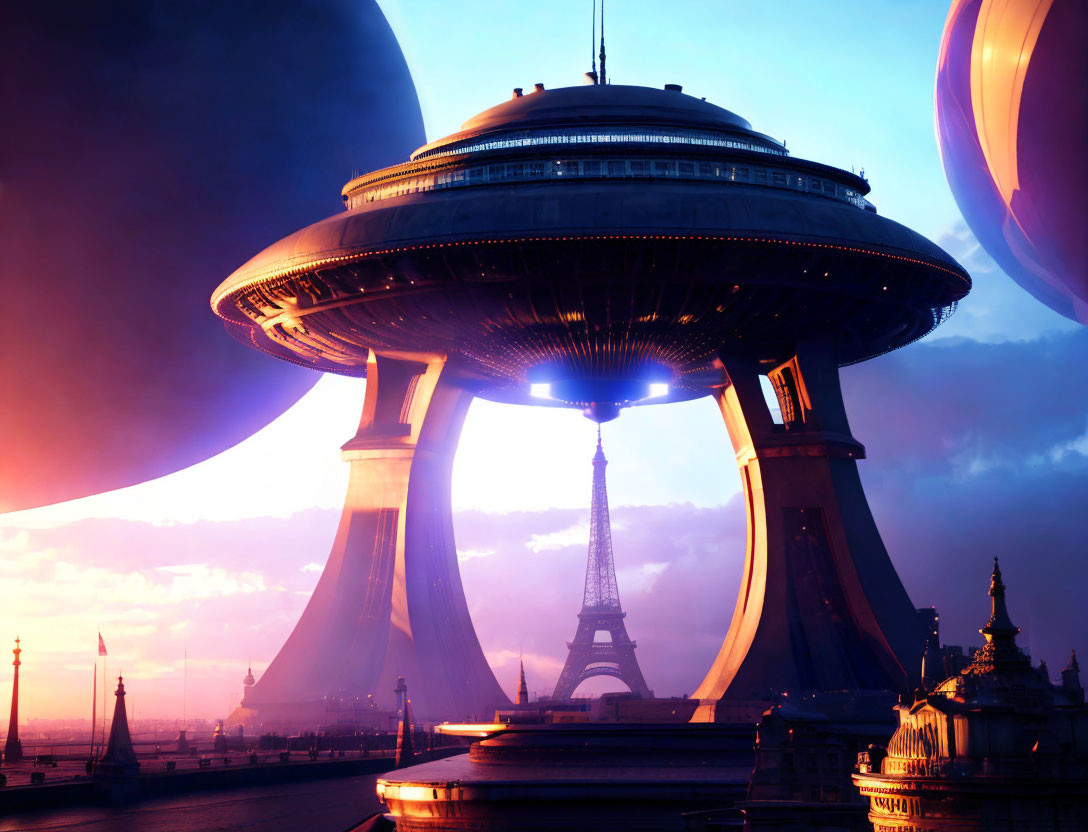 Futuristic cityscape with hovering space station and Eiffel Tower-like structure