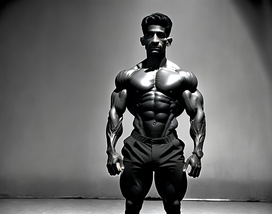 Muscular man posing confidently in black and white photo