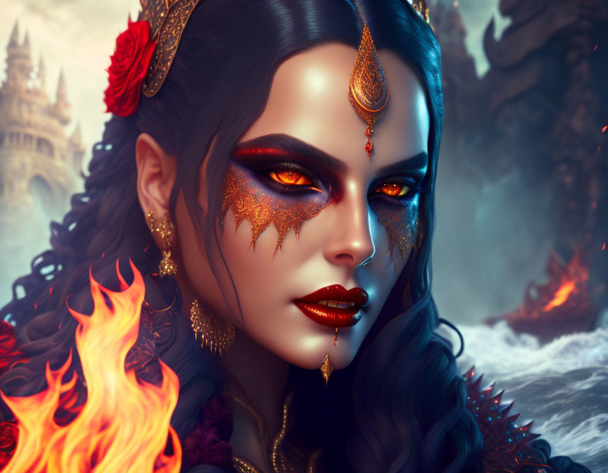 Fantasy digital artwork: woman with fiery eyes, gold jewelry, ornate makeup, flames, castle