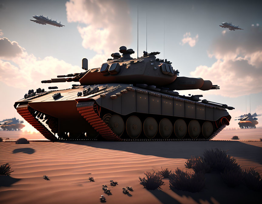 Futuristic tanks in desert with aircraft under hazy sky