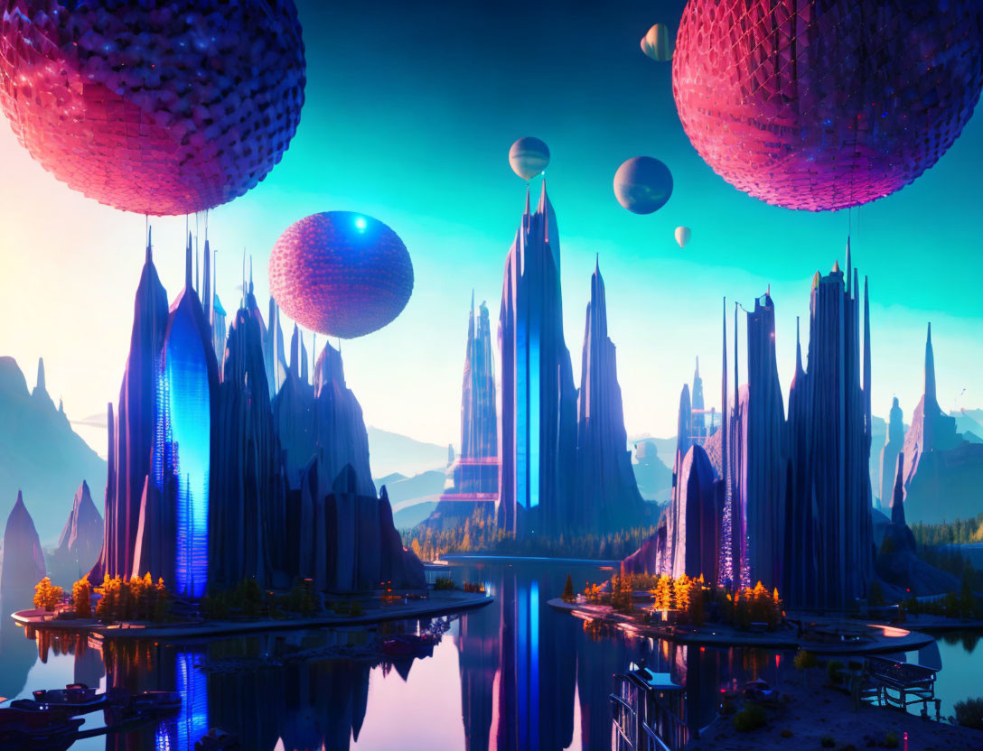 Futuristic cityscape with towering spires and floating orbs at sunset