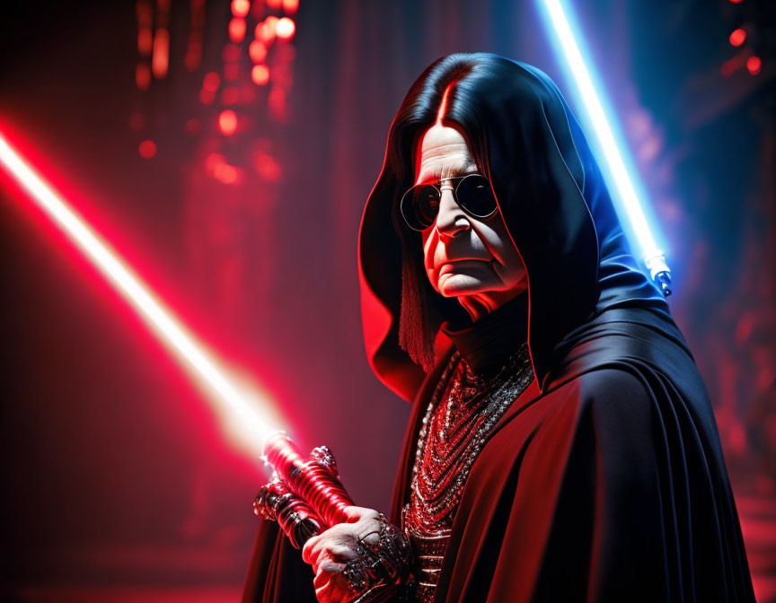 Cloaked figure with red and blue lightsabers against red-lit backdrop