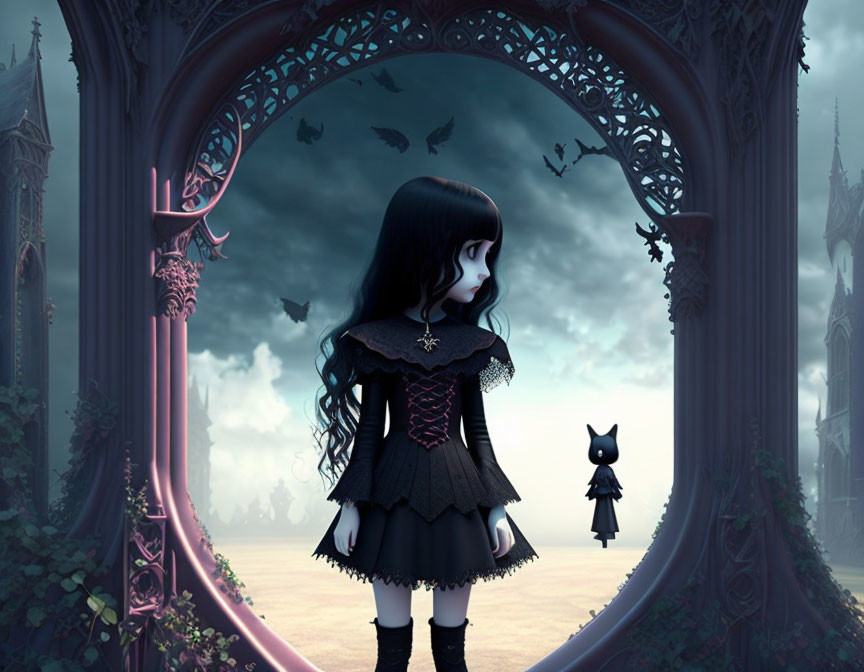 Gothic-style illustration of girl in dark dress before ornate mirror