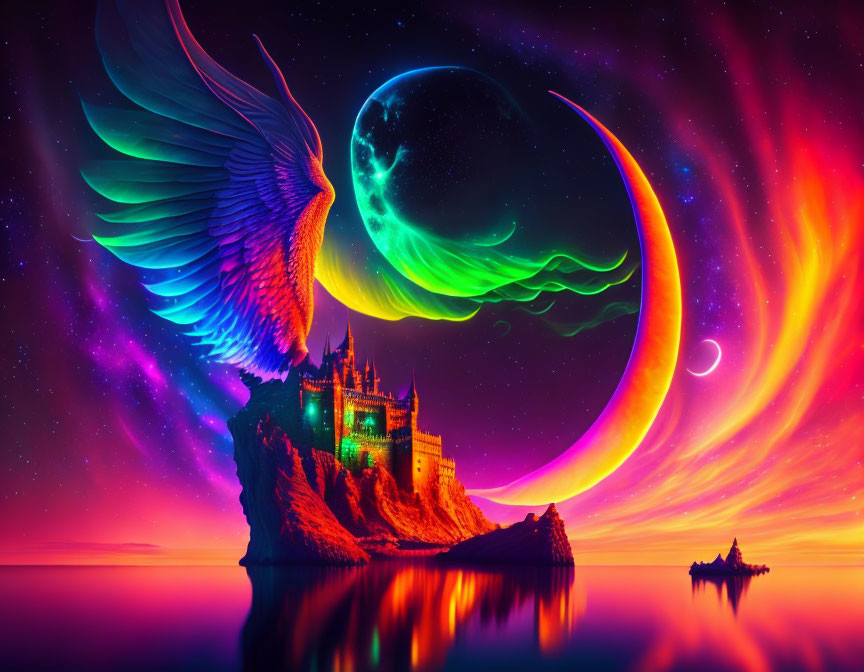 Digital Art Scene: Glowing Castle, Eagle, Nebulae, Celestial Bodies, Water Reflection