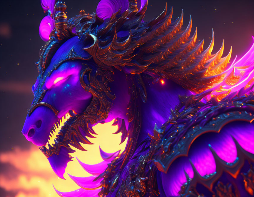 Majestic dragon with purple scales and golden armor in twilight sky