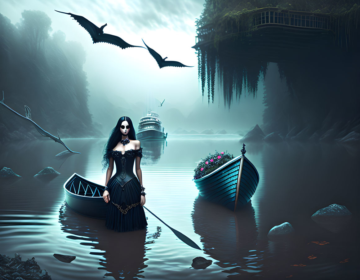 Gothic woman in black dress on submerged boat with bats, cliff, bridge, and misty