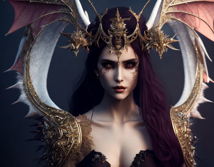 Fantasy portrait of woman with dark makeup, purple hair, and dragon-like crown