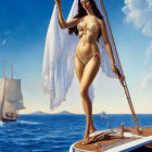 Woman in pearl bikini holding sail on yacht with vessels and blue sky