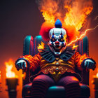 Sinister clown with face paint on fiery throne surrounded by electric sparks