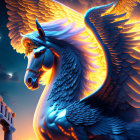 Majestic winged horse with glowing blue feathers and mane under a crescent moon